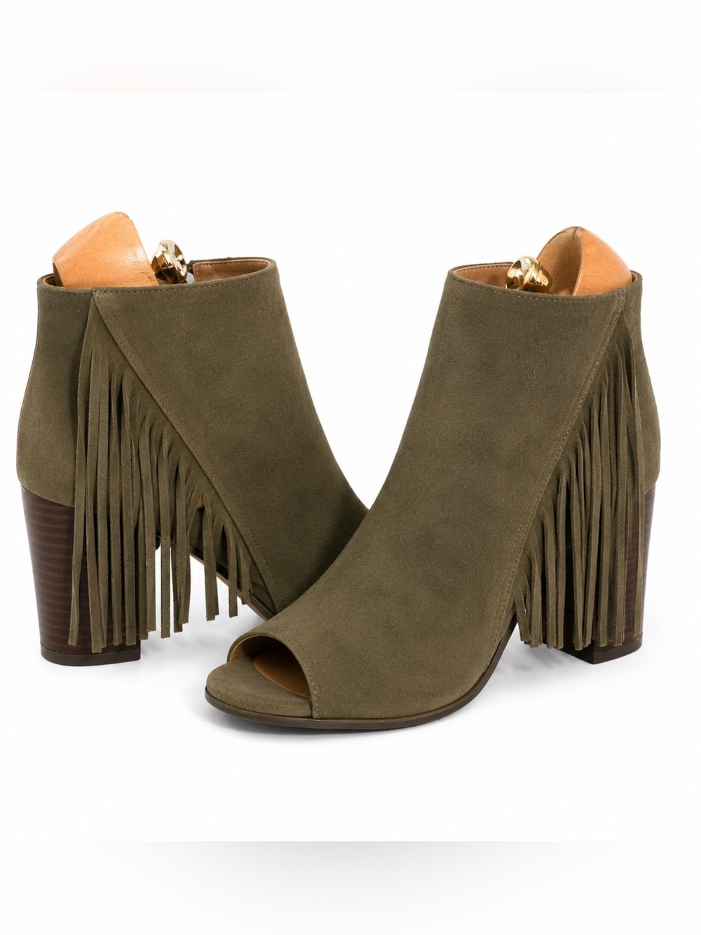Kenneth Cole Reaction Fridah Show Olive suede fringe open-toe booties